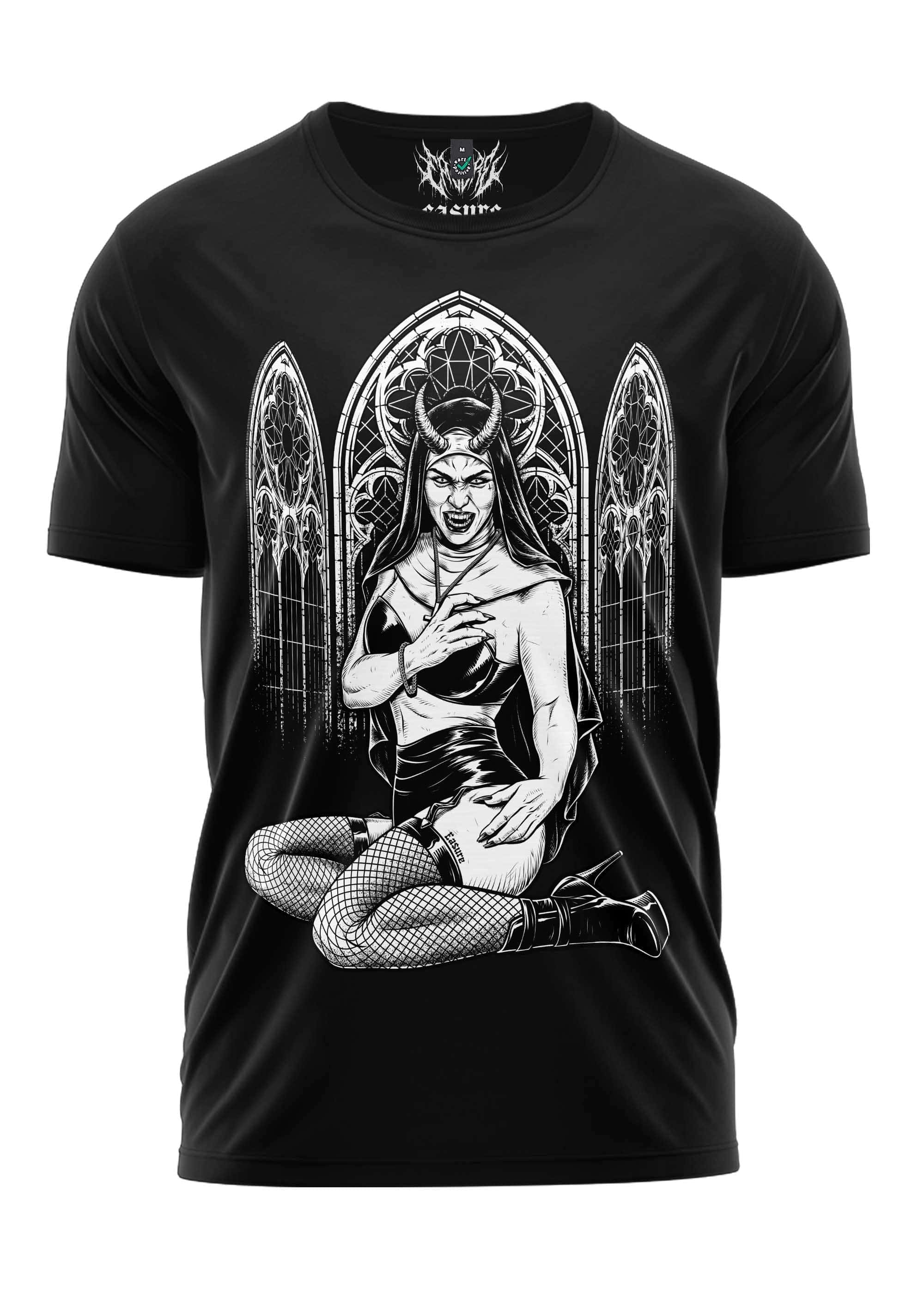 Schwarzes diabolo nun schweres unisex t-shirt mit strapazierfähigem stoff und weicher qualität zeigt dämonische figur vor gotischen bögen